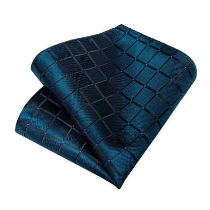 Teal Tie for Men Plaid Business Silk Necktie Pocket Square Cufflinks Set