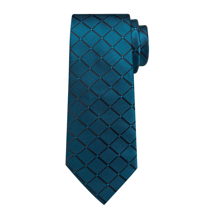 Teal Tie for Men Plaid Business Silk Necktie Pocket Square Cufflinks Set