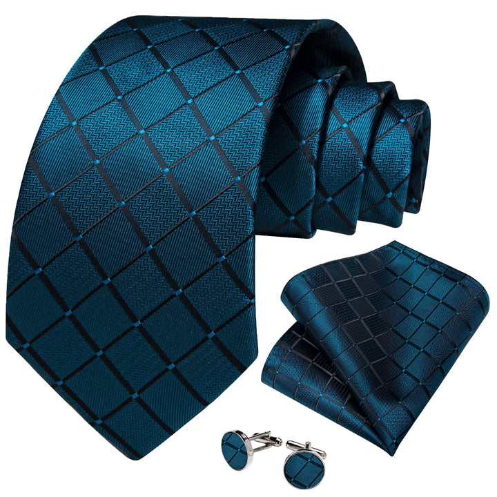 Teal Tie for Men Plaid Business Silk Necktie Pocket Square Cufflinks Set