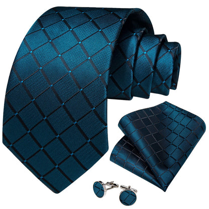 Teal Tie for Men Plaid Business Silk Necktie Pocket Square Cufflinks Set