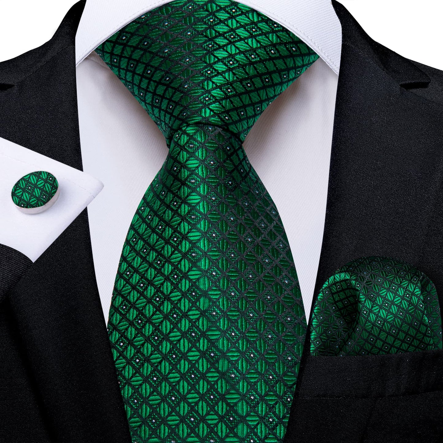 Formal Ties Emerald Green Plaid Silk Mens Tie Hanky Cufflinks Set for Tuxedo Dress