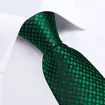 Formal Ties Emerald Green Plaid Silk Mens Tie Hanky Cufflinks Set for Tuxedo Dress