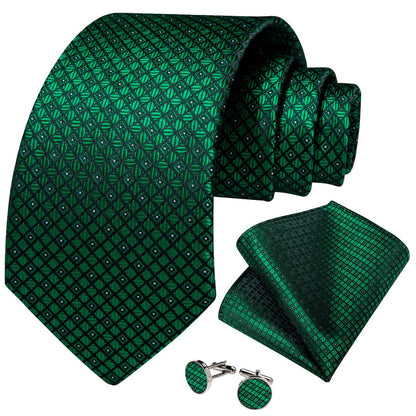 Formal Ties Emerald Green Plaid Silk Mens Tie Hanky Cufflinks Set for Tuxedo Dress