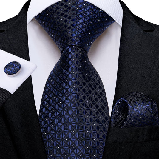 Formal Tie Navy Blue Plaid Silk Mens Tie Hanky Cufflinks Set for Tuxedo Dress