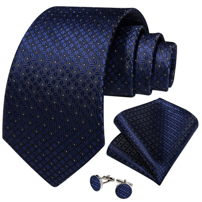 Formal Tie Navy Blue Plaid Silk Mens Tie Hanky Cufflinks Set for Tuxedo Dress