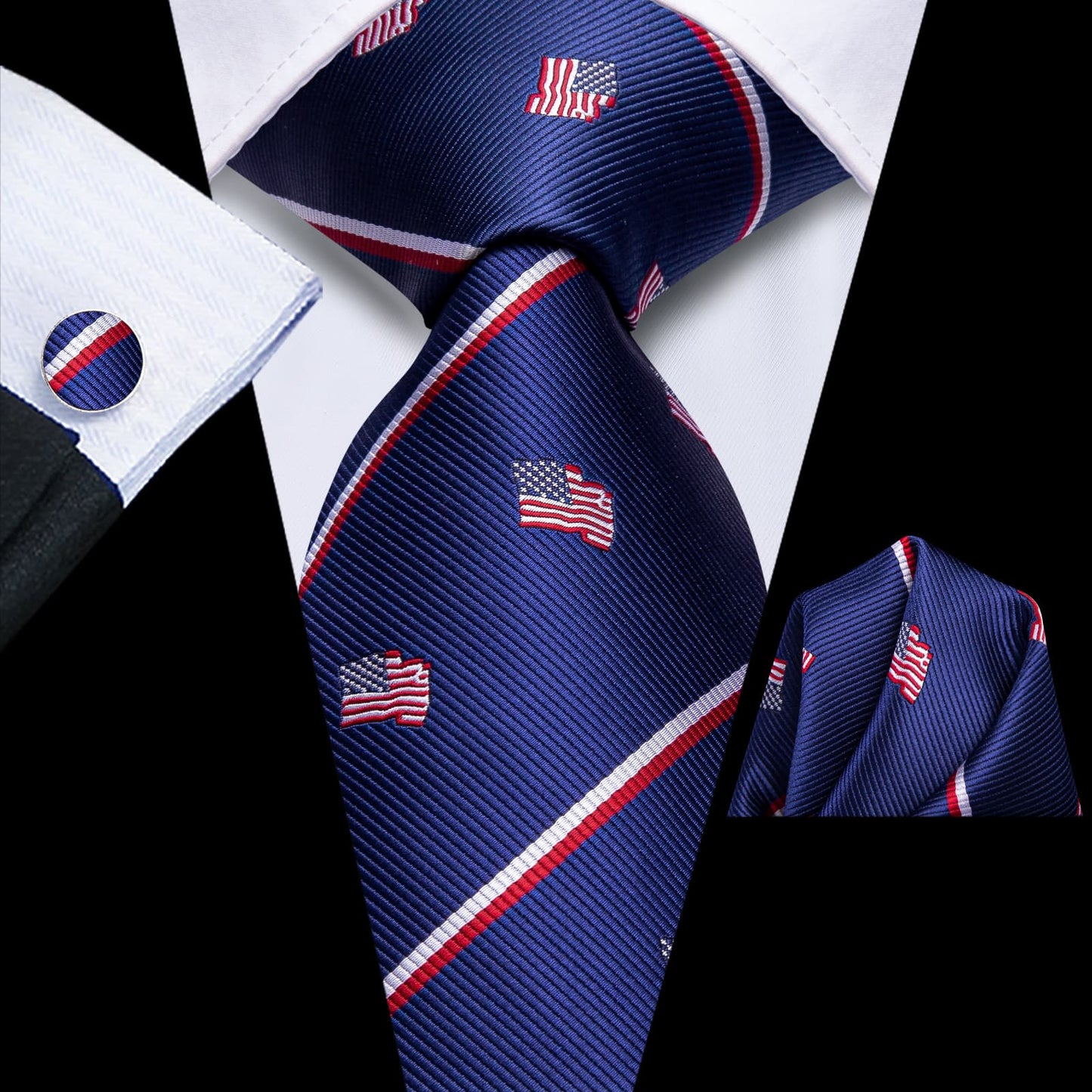 Silk Ties Blue American Flag Striped Mens Tie Pocket Square Cufflinks Set