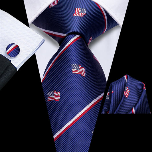 Silk Ties Blue American Flag Striped Mens Tie Pocket Square Cufflinks Set
