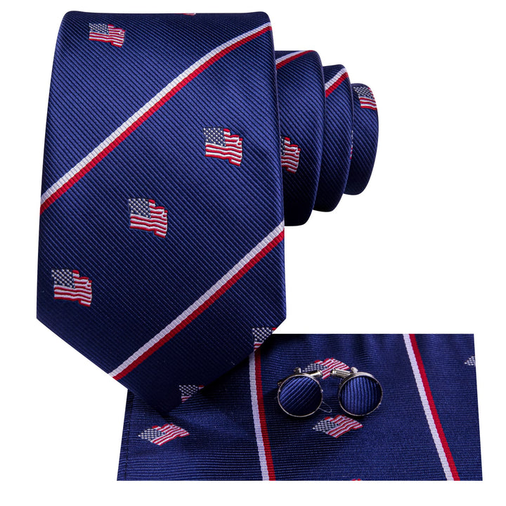 Silk Ties Blue American Flag Striped Mens Tie Pocket Square Cufflinks Set
