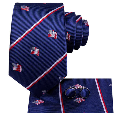 Silk Ties Blue American Flag Striped Mens Tie Pocket Square Cufflinks Set