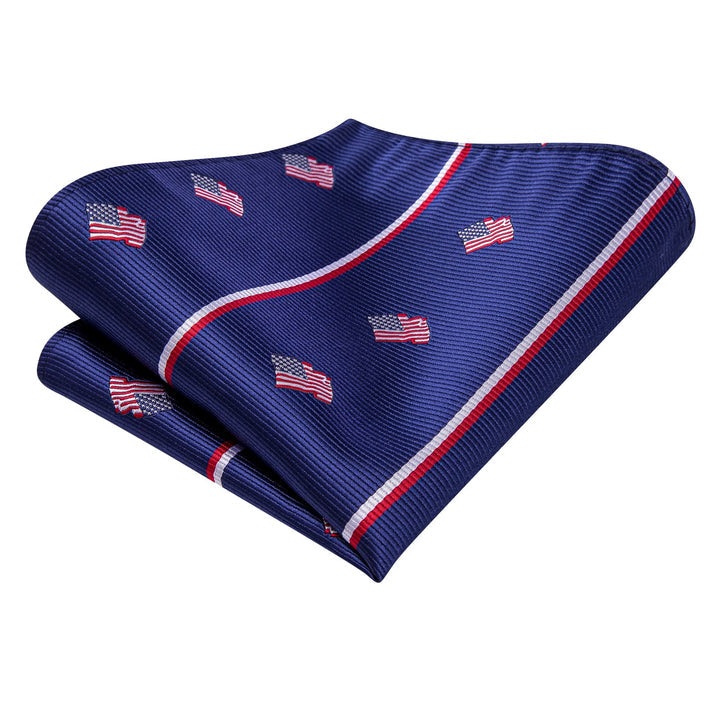 Silk Ties Blue American Flag Striped Mens Tie Pocket Square Cufflinks Set