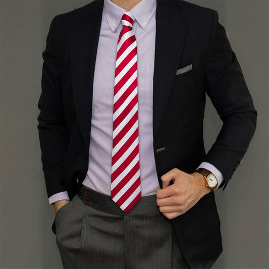 Striped Tie for Men Red White Silk Business Necktie Hanky Cufflinks Set