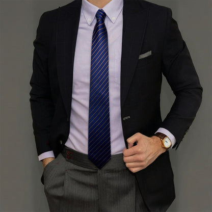 Blue Tie Gold Striped Silk Men's Tie Hanky Cufflinks Set Classic Formal