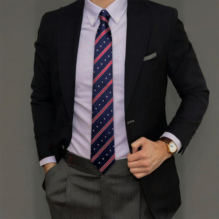 Navy Blue Red Star Striped Mens Tie Indenpendence Day Necktie Hanky Cufflinks Set