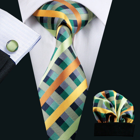 Mint Green Plaid Tie Pocket Square Cufflinks Set