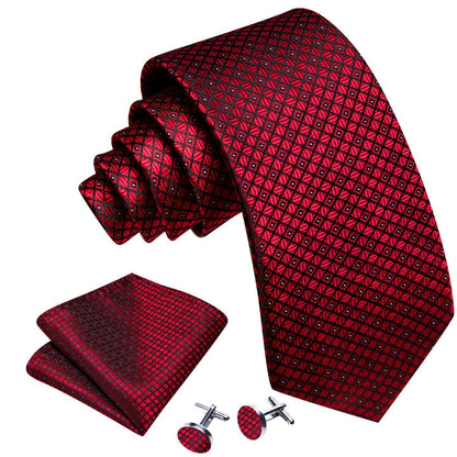 Red Tie Plaid Men's Necktie Pocket Square Cufflinks Set with Lapel Pin