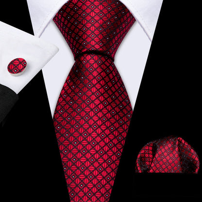 Red Tie Plaid Men's Necktie Pocket Square Cufflinks Set with Lapel Pin