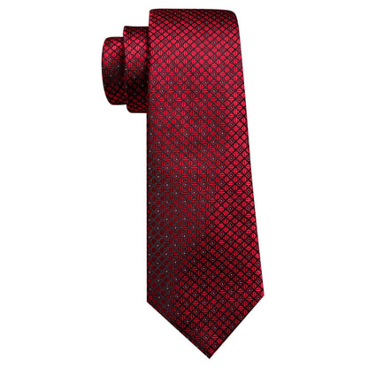 Red Tie Plaid Men's Necktie Pocket Square Cufflinks Set with Lapel Pin