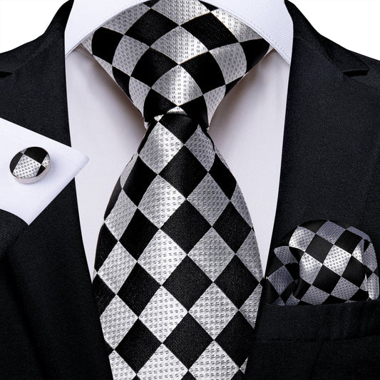 Mens Plaid Tie Black Silver Silk Formal Necktie Hanky Cufflinks Set