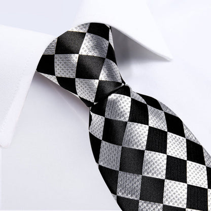 Mens Plaid Tie Black Silver Silk Formal Necktie Hanky Cufflinks Set