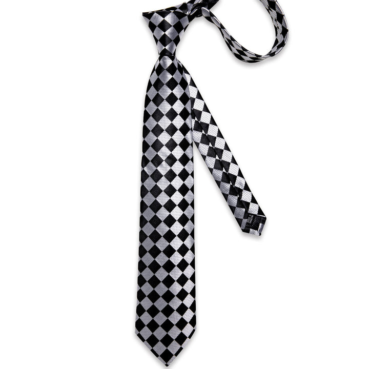 Mens Plaid Tie Black Silver Silk Formal Necktie Hanky Cufflinks Set