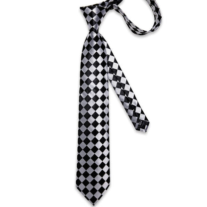 Mens Plaid Tie Black Silver Silk Formal Necktie Hanky Cufflinks Set