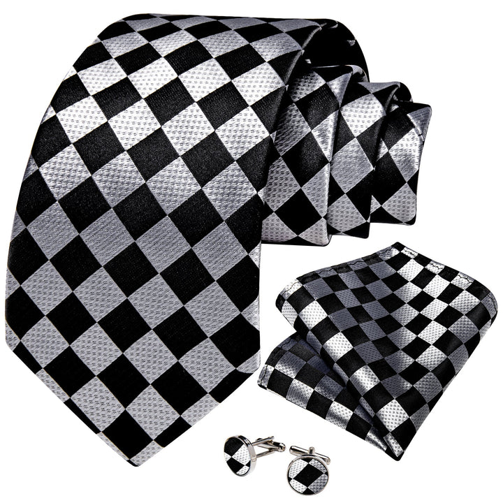 Mens Plaid Tie Black Silver Silk Formal Necktie Hanky Cufflinks Set
