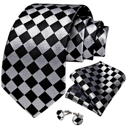 Mens Plaid Tie Black Silver Silk Formal Necktie Hanky Cufflinks Set