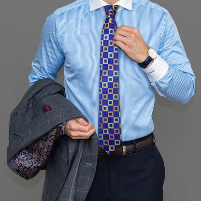 Mens Royal Blue Tie Gold Plaid Formal Necktie Handkercheif Cufflinks Set