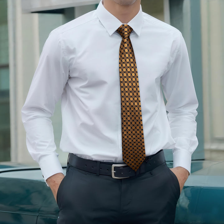 Mens Silk Necktie Gold Plaid Wedding Tie Handkerchief Cufflinks Set