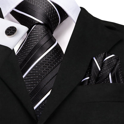 Silk Black Necktie White Striped Business Tie Pocket Square Cufflinks Set
