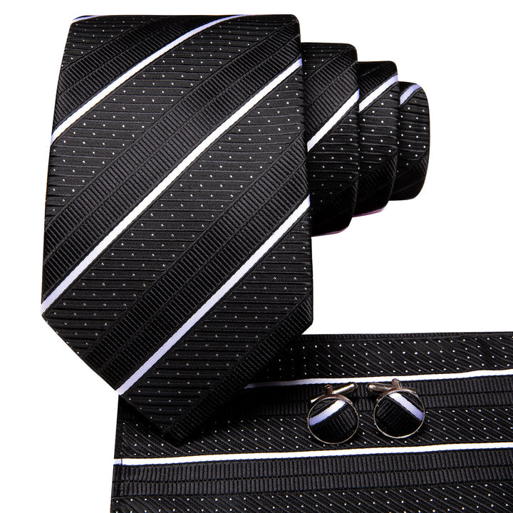 Silk Black Necktie White Striped Business Tie Pocket Square Cufflinks Set