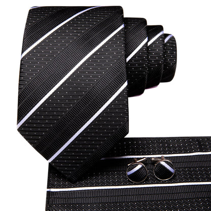 Silk Black Necktie White Striped Business Tie Pocket Square Cufflinks Set