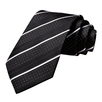 Silk Black Necktie White Striped Business Tie Pocket Square Cufflinks Set