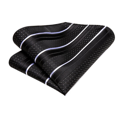Silk Black Necktie White Striped Business Tie Pocket Square Cufflinks Set