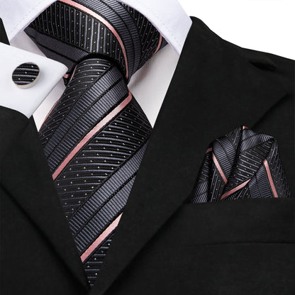 Silk Black Tie Pink Striped Business Necktie Hanky Cufflinks Set