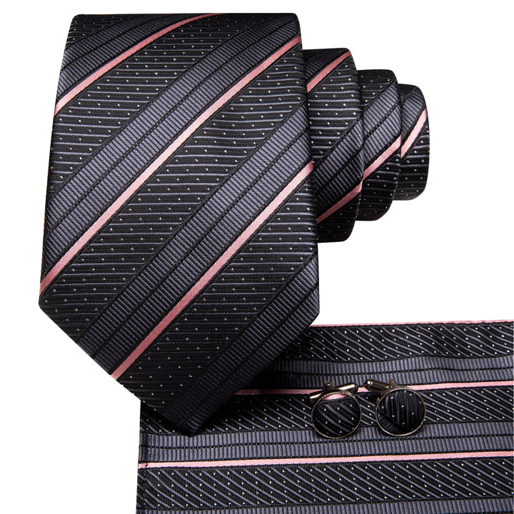 Silk Black Tie Pink Striped Business Necktie Hanky Cufflinks Set