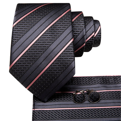Silk Black Tie Pink Striped Business Necktie Hanky Cufflinks Set