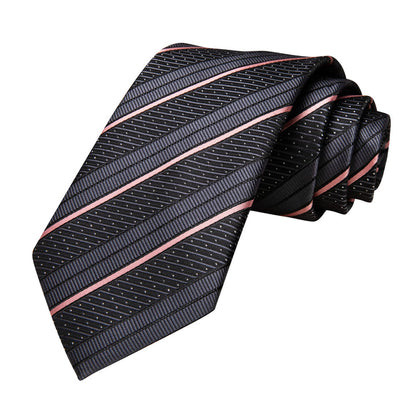 Silk Black Tie Pink Striped Business Necktie Hanky Cufflinks Set