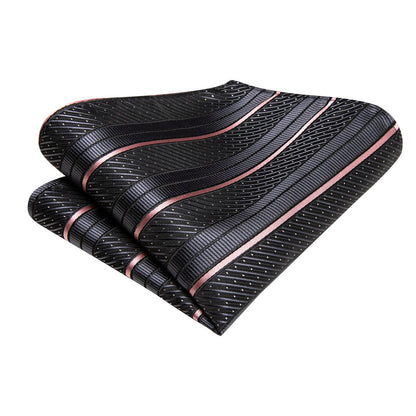 Silk Black Tie Pink Striped Business Necktie Hanky Cufflinks Set