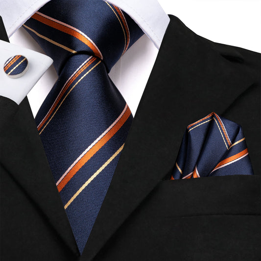 Navy Blue Necktie Formal Striped Business Silk Tie Hanky Cufflinks Set