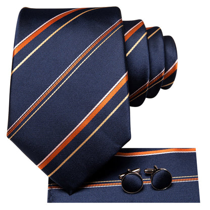 Navy Blue Necktie Formal Striped Business Silk Tie Hanky Cufflinks Set