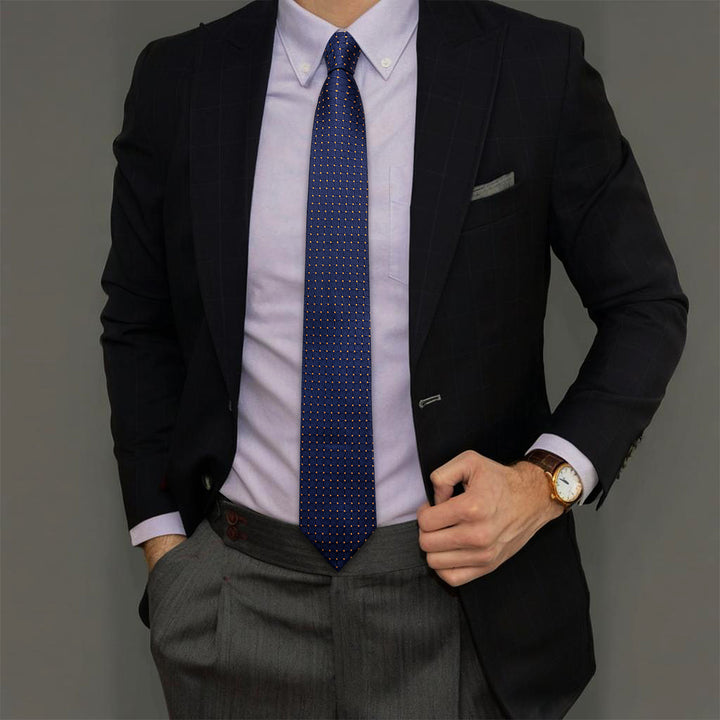 Navy Blue Tie Mens Plaid Silk Necktie Pocket Square Cufflinks Set for Business