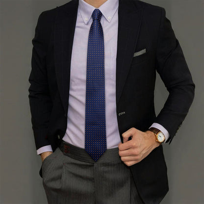 Navy Blue Tie Mens Plaid Silk Necktie Pocket Square Cufflinks Set for Business