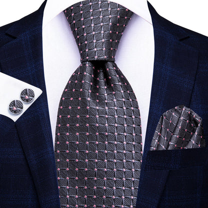 Grey Pink Plaid Men's Necktie Hanky Cufflinks Set