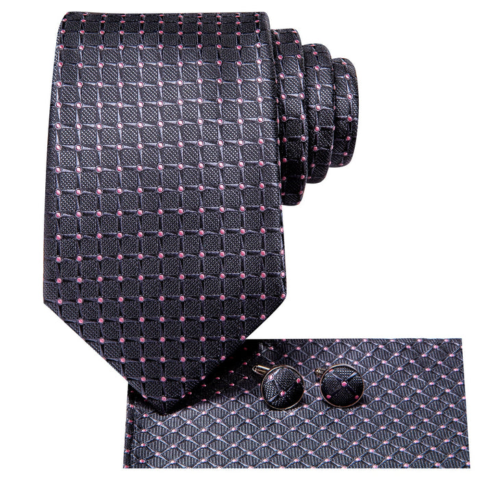 Grey Pink Plaid Men's Necktie Hanky Cufflinks Set