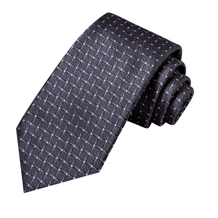 Grey Pink Plaid Men's Necktie Hanky Cufflinks Set