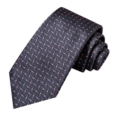 Grey Pink Plaid Men's Necktie Hanky Cufflinks Set