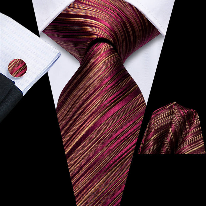 Burgundy Silk Mens Tie Striped Necktie Hanky Cufflinks Set for Wedding Party