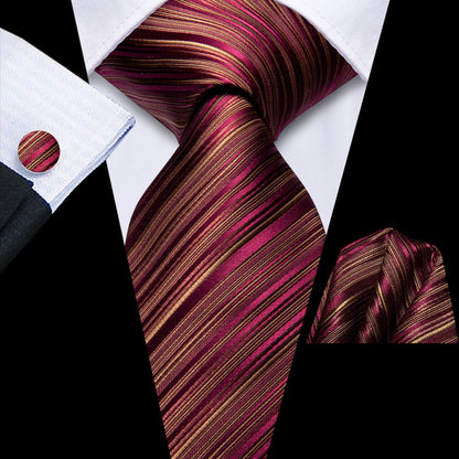 Burgundy Silk Mens Tie Striped Necktie Hanky Cufflinks Set for Wedding Party