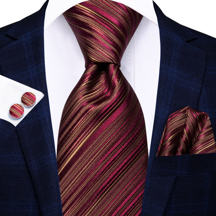 Burgundy Silk Mens Tie Striped Necktie Hanky Cufflinks Set for Wedding Party